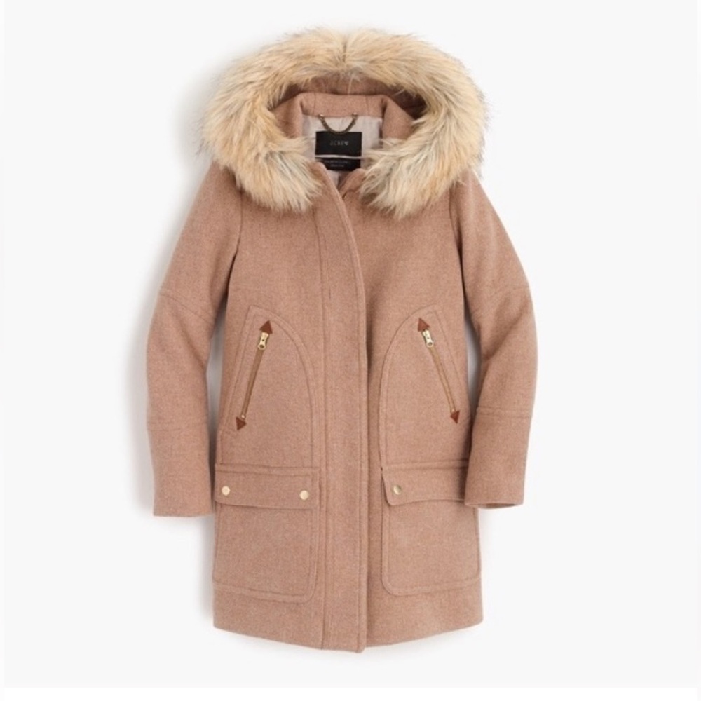 J. Crew Chateau Stadium Cloth Woo Blend Tan Coat with Faux Fur Hood. Size 0